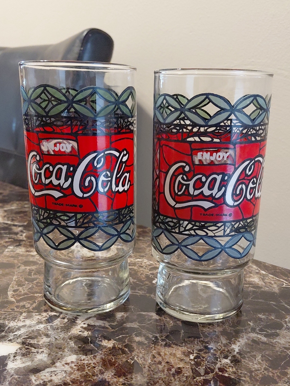 Set of 2 Vintage Libbey Coca-Cola "Tiffany Style" Stained-Glass Pattern Glasses